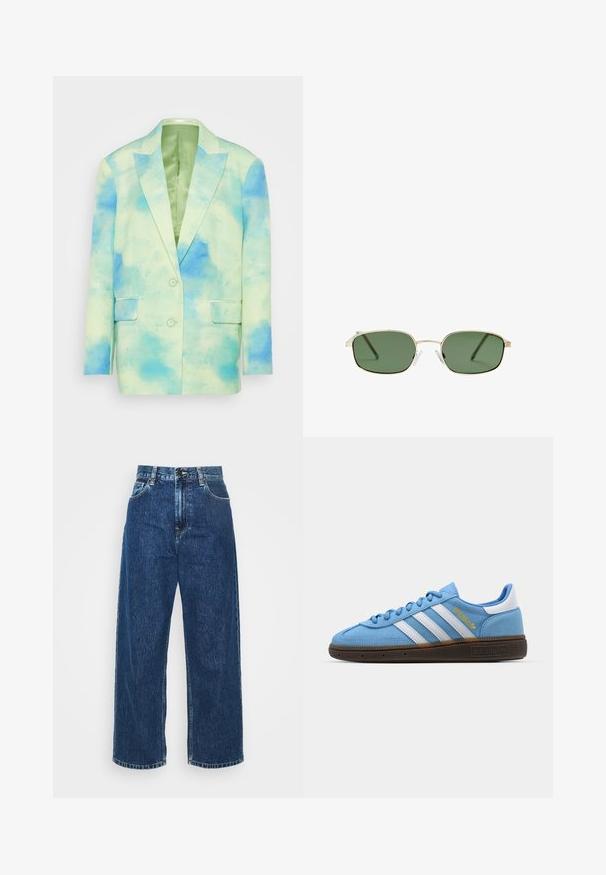 Light green blazer with abstract blue and green watercolor pattern. Features two front pockets and two buttons, with a smooth finish.; White long-sleeve blouse made of smooth fabric, featuring a tie at the neck and tailored cuffs. Simple, classic design without patterns.; Light blue denim wide-leg jeans with a high waist, visible stitching, and standard pockets. Features a button and zip fly closure.; Light blue suede sneakers with white leather stripes, a brown textured sole, and gold logo detail. Low-top design with rounded toe.; Sunglasses with a gold metal frame, green lenses, rectangular shape, and clear plastic nose pads. Thin, slender temples with minimal design.; Burgundy leather handbag with a curved shape, gold hardware, and a textured finish. Features a zip closure and adjustable strap.