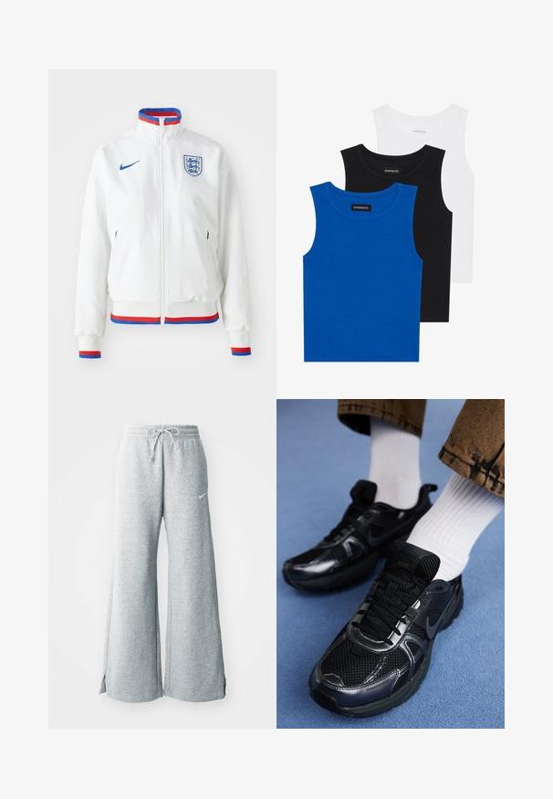 White Nike jacket with a front zipper, high collar, and horizontal blue, red, and white striped accents at the collar and cuffs. England badge displayed.; Three sleeveless shirts in blue, black, and white. The fabric is ribbed with a round neckline. Each shirt has a tag labeled “even&odd.”; Light gray sweatpants made of soft fabric, featuring a drawstring waist, wide legs, and side slits. Nike logo subtly displayed.; Black Nike sports shoes feature a mesh upper with shiny accents, black laces, and a textured sole. Paired with white ribbed socks.