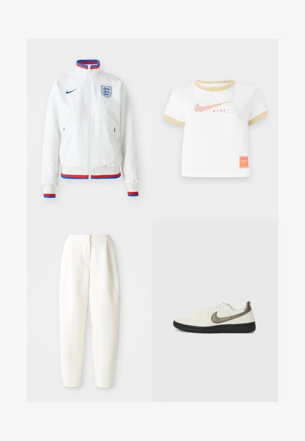 White Nike jacket with a front zipper, high collar, and horizontal blue, red, and white striped accents at the collar and cuffs. England badge displayed.; White T-shirt with gold trim, featuring a red checkered Nike swoosh logo, "NIKE AIR" text, and a small orange Nike tag on the hem.; High-waist tapered white pants with a concealed front closure and side pockets, displayed against a plain white background.; Nike Sportswear FIELD GENERAL - Trainers - off-white/black