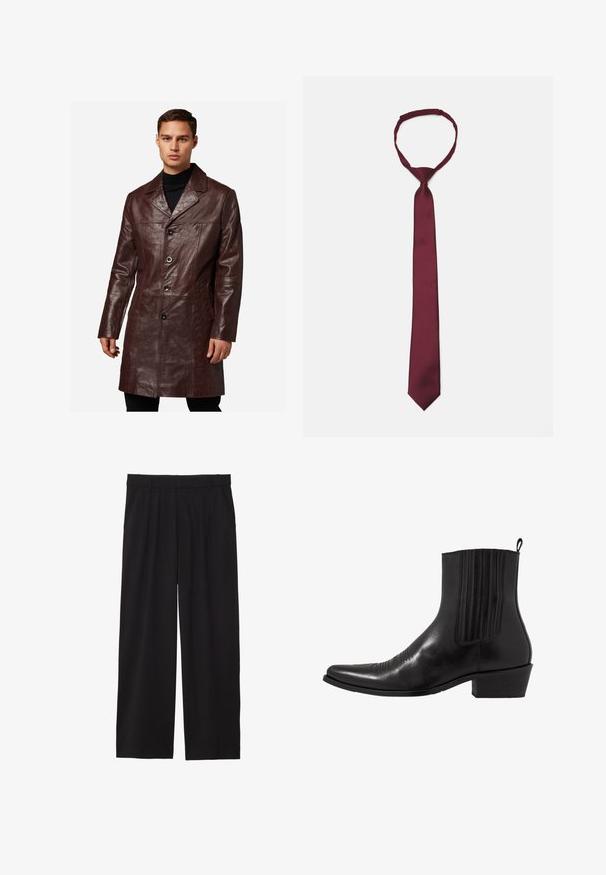 Brun læderjakke med en spids krave, knaplukning foran, to sidelommer og en glat overflade, der når til midten af låret.; Grå sweatshirt lavet af blødt stof. Har rund hals, lange ærmer, ribbet manchetter og ribbet nederkant. Enkel, udekoreret design.; Sorte brede bukser med en plisseret front, sidelommer og en glat stoftekstur. Designet til en afslappet pasform.; Sort læder ankelstøvle med spids tå, elastiske sidepaneler, lodrette stikninger og en lav blokhæl.; Bordeaux satin slipset med en glat tekstur, smal bredde og spids spids; har en løkke for nemt brug.