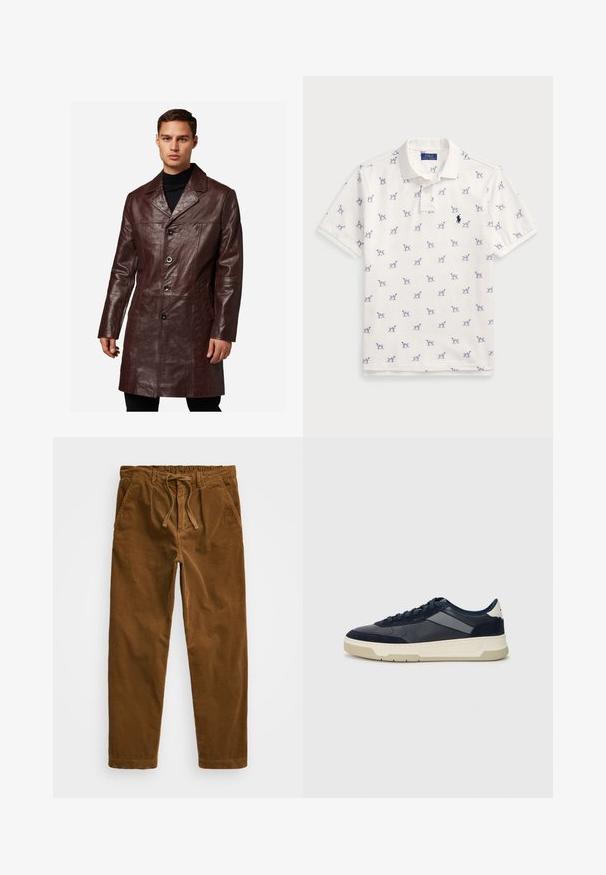 Bruine leren jas met een geknopt kraag, knoopsluiting aan de voorkant, twee zijzakken en een gladde textuur, die tot halverwege de dij reikt.; Witte polo gemaakt van katoen, met een herhaald blauw hondenpatroon en een klein blauw logo op de borst. Korte mouwen en kraag.; Bruine corduroy broek met een elastische tailleband en drawstring, zijzakken en rechte pijpen met een gestructureerde ribbel.; BOSS BALTIMORE - Sneakers laag - open blue
