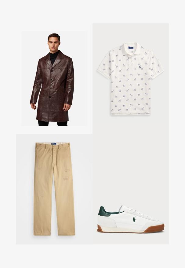Brauner Ledermantel mit Reverskragen, Knopfleiste, zwei seitlichen Taschen und glatter Textur, bis zur Mitte des Oberschenkels reichend.; Weißes Polo-Shirt aus Baumwolle mit einem wiederholten blauen Hundemuster und einem kleinen blauen Logo auf der Brust. Kurze Ärmel und Kragen.; Beige Baumwollhosen mit geradem Schnitt. Verfügt über ausgefranste Flicken und Stickdetails auf der Vorderseite. Klassischer Knopf- und Reißverschluss.; Weiße Sneaker mit grünen Lederakzenten und einer braunen Gummisohle. Hat einen Stoffkörper und ein auffälliges Logo an der Seite. Schnürungsdesign.