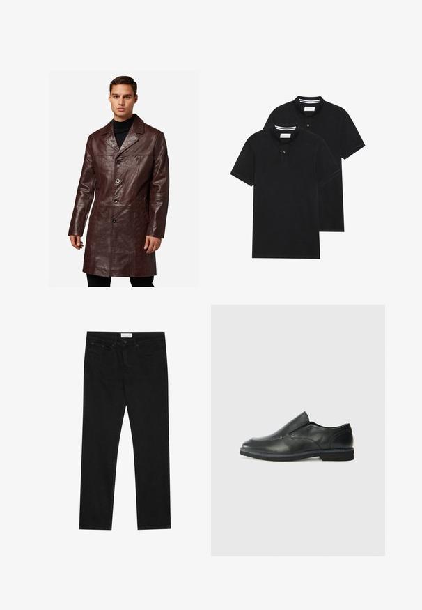 Brown leather coat with a notched collar, button front, two side pockets, and a smooth texture, reaching mid-thigh length.; Two black polo shirts, short-sleeved, cotton material, featuring a classic collar, two-button placket, and white striped accents inside the collar.; Black straight-leg jeans with five-pocket design, button and zip fly closure, and a Pier One brand label on the waistband.; Black leather slip-on shoe with a smooth upper, stitched accents, rounded toe, and a low rubber heel. Sole features minimal tread.
