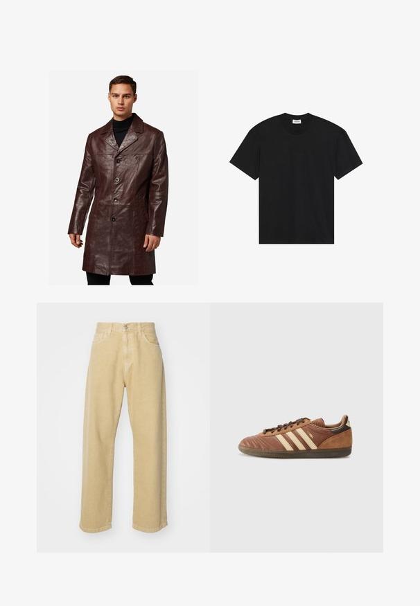 Cappotto in pelle marrone con colletto a scollatura, chiusura con bottoni, due tasche laterali e una texture liscia, che arriva a metà coscia.; T-shirt nera a maniche corte in cotone. Presenta un classico collo a giro e una vestibilità rilassata, senza motivi o dettagli visibili.; Pantaloni in denim beige con un design a gamba dritta, dotati di cinque tasche, chiusura con bottone e finitura pulita all'orlo. Texture morbida.; adidas Originals SAMBA UNISEX - Sneakers basse - preloved brown/sand strata/dark brown