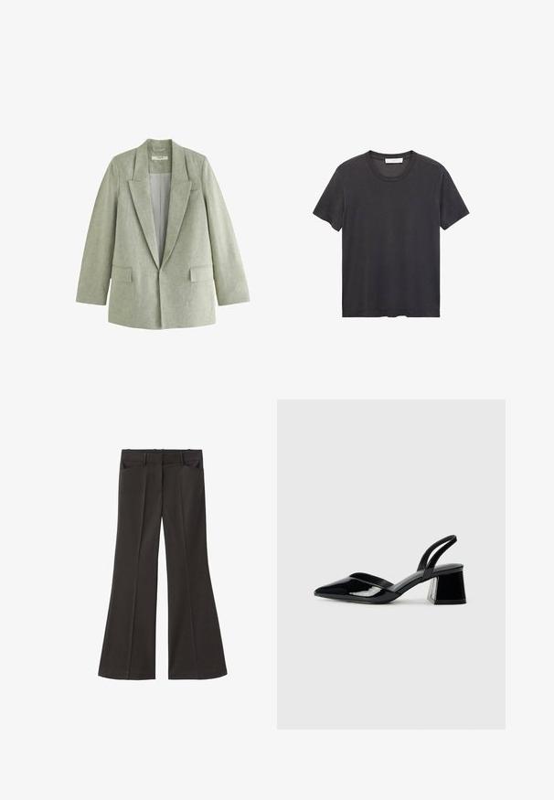 Jasnozielony żakiet wykonany z fakturowanej tkaniny, z klapami typu notched, z pojedynczym zapięciem na guzik z przodu i dwoma przednimi kieszeniami. Widoczne paskowane podszewka.; Czarna koszulka bawełniana z okrągłym dekoltem. Krótkie rękawy, luźny krój i prosty dół bez ozdób czy wzorów.; Czarne spodnie z szerokimi nogawkami i wysokim stanem; posiadają dwie przednie kieszenie oraz gładką teksturę materiału. Idealne na różne okazje.; Czarne lakierowane półbuty na obcasie z wydłużonym noskiem i geometrycznym słupkiem. Charakteryzują się eleganckim, minimalistycznym designem oraz gładką fakturą.