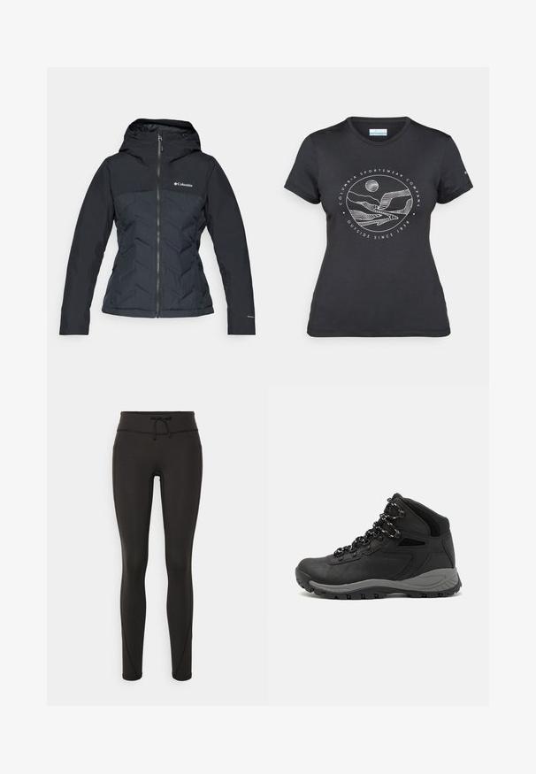 Musta eristetty takki hupulla, jossa on vetoketjukiinnitys, timanttikuvioittu pinta vartalossa ja sileät hihat. Columbia-logo rinnassa.; Musta Columbia T-paita, jossa on valkoinen ympyrämuotoinen vuori- ja joki-viivataide sekä teksti "Columbia Sportswear Company Ulkona vuodesta 1938."; Mustat legginsit, joissa on korkea vyötärö, nauhakuja, sileä pinta ja istuva muotoilu. Sivussa on ompeluyksityiskohtia.; Musta vaelluskenkä, jossa on puolivartinen muotoilu, jolle on ominaista teksturoitu päällinen, harmaat yksityiskohdat ja kestävä kumipohja, jossa on pitoita lisääviä lukuja.