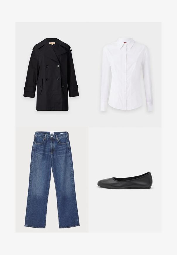 Černý dvojřadý trenčkot s širokým límcem, knoflíky a bočními kapsami. Vyroben z hladkého materiálu se rovnými liniemi a manžetovými rukávy.; Bílé dlouhé rukávy košile s špičatým límcem, předním zapínáním na knoflíky a přiléhavým střihem. Hladká bavlněná tkanina s jemnými detaily šití.; Citizens of Humanity ANNINA - Džíny Straight Fit - westwood dark indigo; Černé kožené baletní byty s kulatou špičkou, hladkou texturou, minimálními švy a flexibilním designem podrážky.