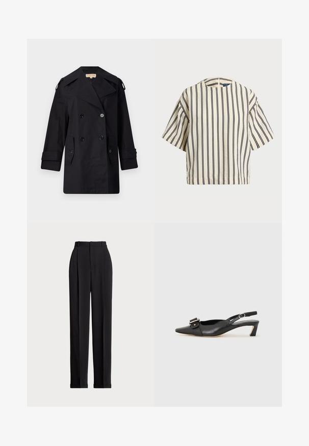 Black double-breasted trench coat with a wide collar, buttons, and side pockets. Made from a smooth fabric with a straight cut and cuffed sleeves.; Short-sleeve, striped top in cream and navy, featuring a round neckline and boxy design with a textured fabric.; Black tailored trousers with a high waist, featuring pleats at the front, a straight leg design, and a cuffed hem. Made from smooth fabric.; Black leather slingback shoe with pointed toe, small heel, and decorative buckle detail on the upper. Smooth texture, minimalistic design.