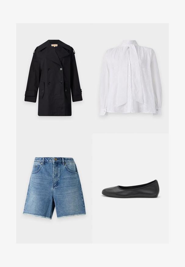 Mustat kaksiriviset trench-coatit laajalla kauluksella, napit ja sivutaskut. Valmistettu sileästä kankaasta, suoralinjainen malli ja käänteillä varustetut hihat.; Valkoinen paita, jossa on korkea kaulus, pitkät hihat ja koristeellinen solmu kaulassa. Kangassa on hienovarainen teksturoitu kuosi.; Vaaleansiniset farkkushortsit, joissa on korkea vyötärö, nappikiinnitys, etutaskut ja risat reunat rennon istuvuuden saavuttamiseksi.; Musta nahkainen ballerina, jossa on pyöristetty kärki, sileä pinta, minimaalinen ommelkoristelu ja joustava pohjamuotoilu.