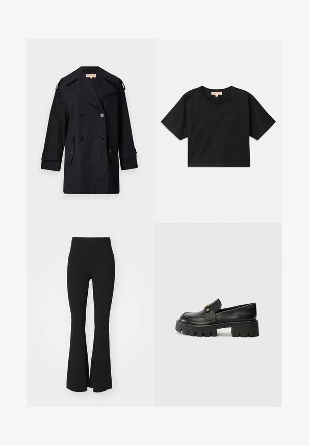 Fekete dupla gombos trench kabát széles gallérral, gombokkal és oldalsó zsebekkel. Simább anyagból készült, egyenes szabású és felhajtott ujjú.; Fekete, rövid fazonú pamut póló. Kerek nyakkivágása és rövid ujjai vannak. A "MICHAEL KORS" felirat hímzéssel, az alapszínnel megegyező színben található az elején.; Fekete, bővülő nadrág rugalmas anyagból, magas derékkal és sima, díszítetlen felszínnel. Egyszerű és testhezálló dizájn.; Fekete bőr loaferek masszív talppal, elöl arany színű díszítéssel és sima felülettel. A talpon vastag mintázat található.