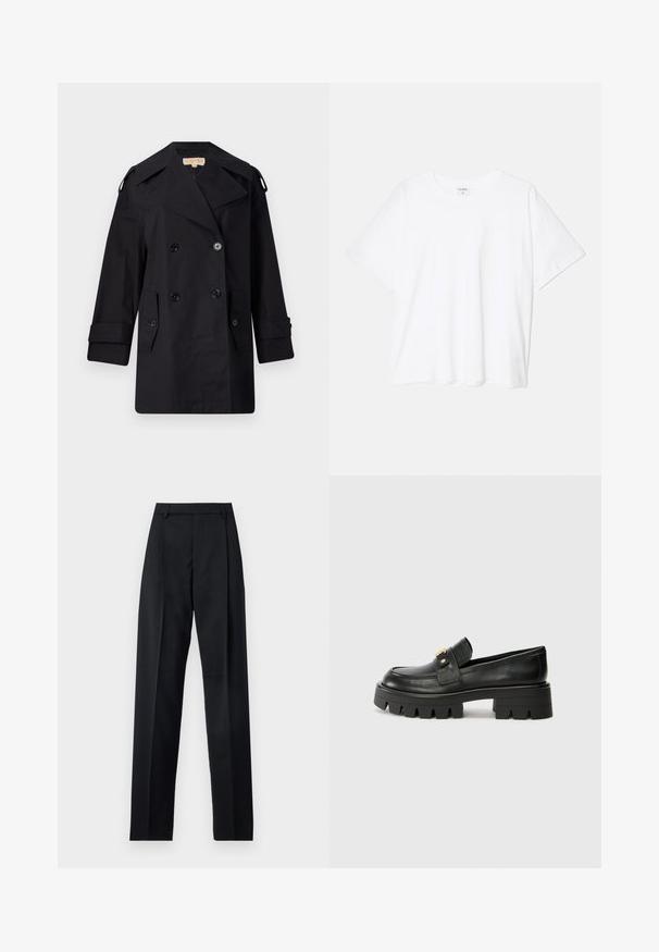 Melnā divrindas trencote ar platu apkakli, pogām un sānu kabatām. Izgatavots no gludas auduma ar taisnu piegriezumu un aproču piedurknēm.; Balta kokvilnas T-krekls ar īsām piedurknēm, apaļu dekoltē, brīva piegriezuma un šūtu apakšmalu. Etiķete redzama iekšējā kakla daļā.; Melnas bikses, izgatavotas no gludas auduma, ar augstu vidukli, platiem bikšu galdniekiem, priekšējiem krokām un klasiskām jostu cilpām. Sānu kabatas nav redzamas.; Melni ādas mokasīni ar masīvu zoli, ar zeltaini akcentu priekšā un gludu apdari. Masīva protektora dizains uz zoles.