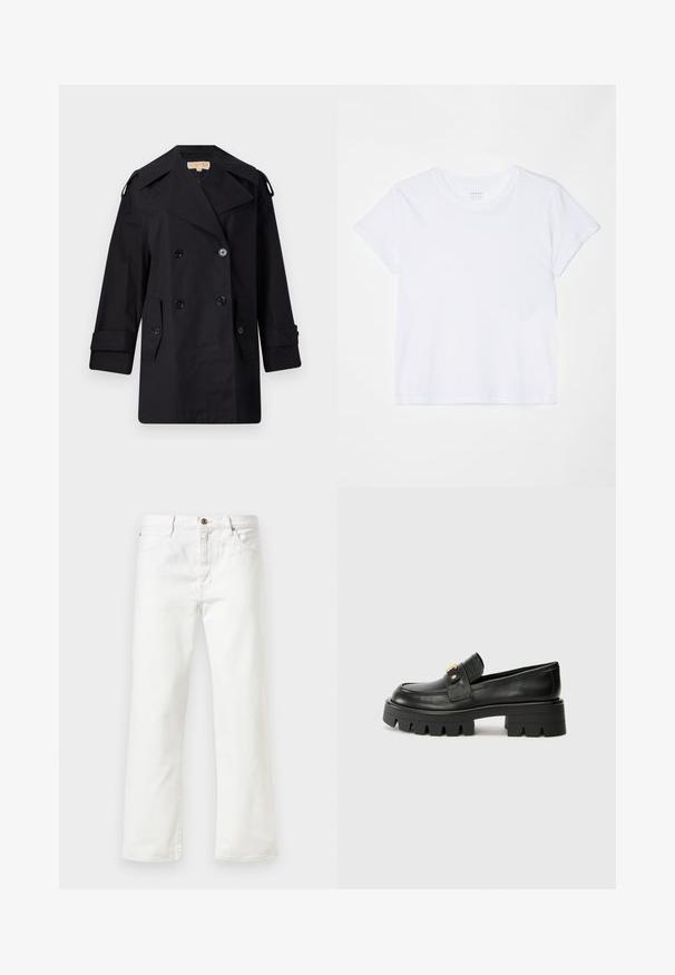 Črn dvojnikičasti plašč s širokim ovratnikom, gumbi in stranskimi žepi. Narejen iz gladkega materiala, z ravnim krojem in manšetami.; FRAME BABY TEE - Navadna majica - white; Beli denim hlače s ravnim krojem, ki se zapirajo z gumbom in imajo pet žepov. Gladka tekstura in minimalne podrobnosti.; Črne usnjene loaferje z debelim podplatom, ki imajo zlatoten naglas na sprednji strani in gladko površino. Debela oblika profila na podplatu.