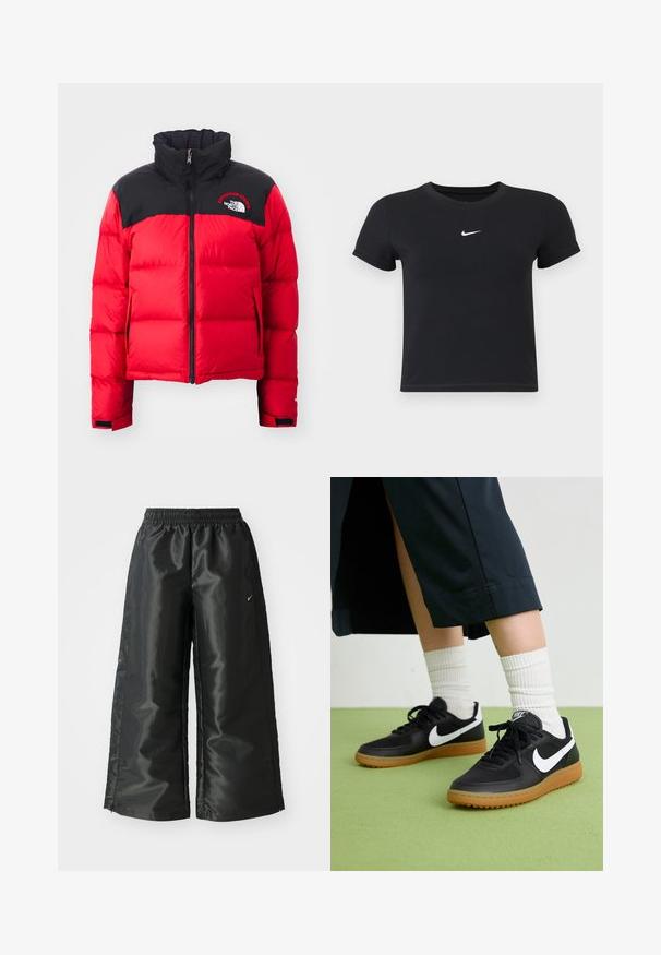 Czerwona kurtka puchowa z czarną górną częścią, wysokim kołnierzem, zapięciem na zamek i pikowaną teksturą. Posiada logo na klatce piersiowej oraz dwie boczne kieszenie.; Czarny krótki rękaw t-shirt wykonany z bawełny, z okrągłym dekoltem. Posiada białe logo Nike na piersi, minimalistyczny wzór oraz dopasowany krój.; Czarne spodnie sportowe z błyszczącego, gładkiego materiału, z elastycznym paskiem w talii, szerokimi nogawkami i małym logo po lewej stronie.; Czarne skórzane i syntetyczne sneakersy z białym logo Nike, gumową podeszwą, okrągłym noskiem i czarnymi sznurowadłami. Widziane są ribbowane białe skarpetki.