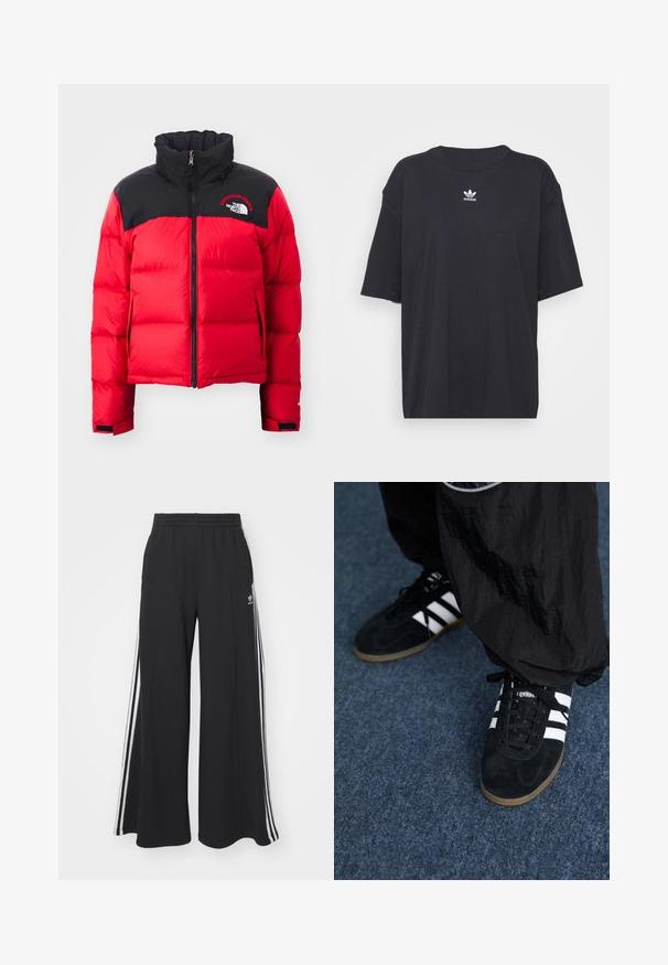 Czerwona kurtka puchowa z czarną górną częścią, wysokim kołnierzem, zapięciem na zamek i pikowaną teksturą. Posiada logo na klatce piersiowej oraz dwie boczne kieszenie.; Czarna bawełniana koszulka z krótkim rękawem, okrągłym dekoltem, z białym logo Adidas na klatce piersiowej. Prosty design, luźny krój.; Czarne szerokie spodnie dresowe z elastycznym pasem, z białymi paskami po bokach i haftowanym logo na lewej udzie.; Czarne zamszowe buty sportowe z trzema białymi paskami i czarnymi sznurówkami. Częściowo widoczne obok butów są teksturowane czarne spodnie.