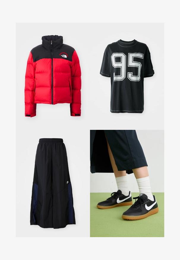 Czerwona kurtka puchowa z czarną górną częścią, wysokim kołnierzem, zapięciem na zamek i pikowaną teksturą. Posiada logo na klatce piersiowej oraz dwie boczne kieszenie.; Czarny bawełniany t-shirt z krótkim rękawem, z białym nadrukowanym numerem "95" z przodu i kontrastującymi szwami wzdłuż krawędzi.; Czarne spodnie szerokie wykonane z lekkiego materiału, z granatowym bocznym panelem i elastycznym paskiem w talii. Małe białe logo na dole.; Czarne skórzane i syntetyczne sneakersy z białym logo Nike, gumową podeszwą, okrągłym noskiem i czarnymi sznurowadłami. Widziane są ribbowane białe skarpetki.