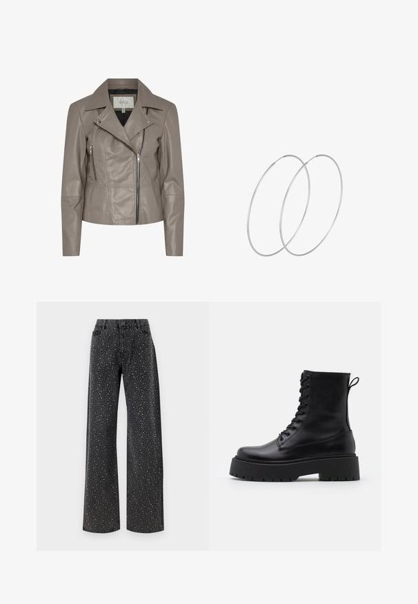 Taupe faux leren bikerjack met een ingezette kraag, ritssluiting aan de voorkant en zijzakken, en lange mouwen. Gladde textuur met stikseldetails.; VILA VIPEARL O NECK - Trui - black; Noisy May NMJANNEL LOOSE - Relaxed fit jeans - black denim; Zwarte leren enkelboots met een ronde neus, vetersluiting aan de voorkant en een dikke rubberen zool met een gestructureerd profiel. Trekbandje aan de achterkant.; Zilveren hoepel oorbellen met een minimalistisch ontwerp. Cirkelvormig, gladde textuur en dun profiel. Lichtgewicht met een gepolijste afwerking.