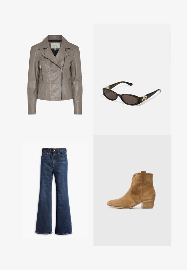 Béžová koženka biker bunda s klopovým límečkem, zipovým uzávěrem a bočními kapsami, dlouhými rukávy. Hladký povrch s detaily šití.; Černé zkrácené tričko vyrobené z bavlny, s kulatým výstřihem a krátkými širokými rukávy pro volný fit. Hladká textura, jednoduchý design.; Džínové kalhoty s vysokým pasem v tmavě modré barvě, s rozšířenými nohavicemi, předním zapínáním na knoflík a zip, a designem s pěti kapsami.; Kochové kozačky z jemného semiše v tělové barvě s špičatou špičkou, texturovaným lemováním na límci a širokým podpatkem. Obsahuje poutko pro snadné obouvání.; Brýle sluneční s kočičím vzorem, prodloužené oválné čočky, hnědý odstín, zlaté logo na spáncích a elegantní černé nožičky.; Hnědá taška z faux semiše s dvěma pevnými ušima, strukturovaným tvarem a minimalistickým designem, který obsahuje jemné akcenty šití.