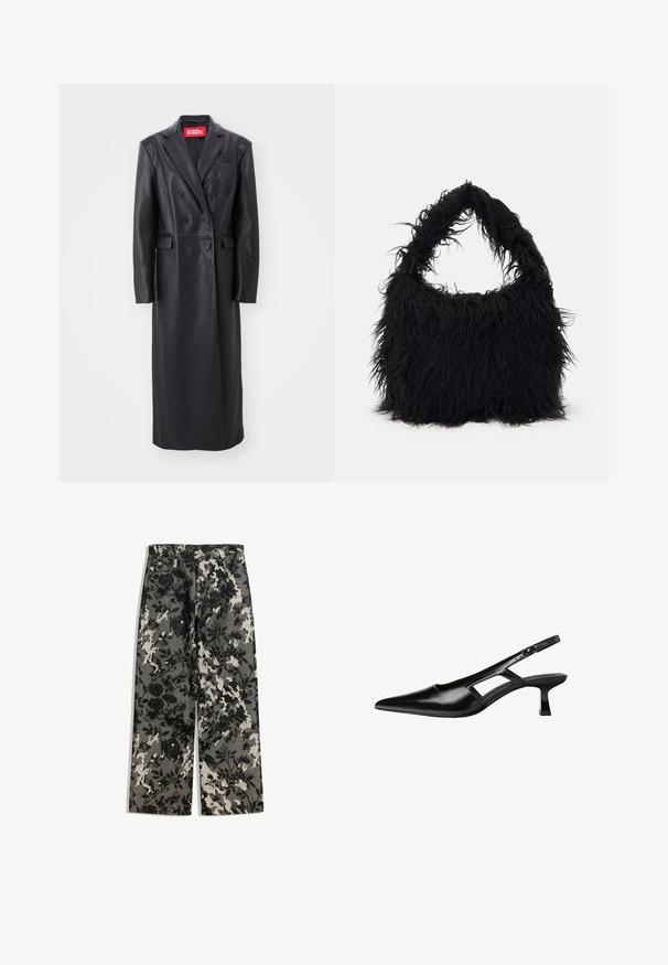 Crni kožni kaput s dvostrukim kopčanjem, duge dužine, oštre reveri, bočne džepove, teksturiranu završnicu, s vidljivom crvenom oznakom branda na ovratniku.; Crna rolka od mekog pletiva. Ima duge rukave i prilagođeni kroj s ravnim rubom.; Hlače srednje visine s širokim nogavicama u teksturiranom crno-bijelom cvjetnom uzorku na sivoj pozadini, s klasičnim pojasom i prednjim džepovima.; Crne lakirane natikače na remenčić sa špicastim nosom, dizajnom sa izrezima sa strane i malim kvadratnim potplatom. Glatka tekstura s minimalnim akcentima.; Even&Odd Velika torba - black