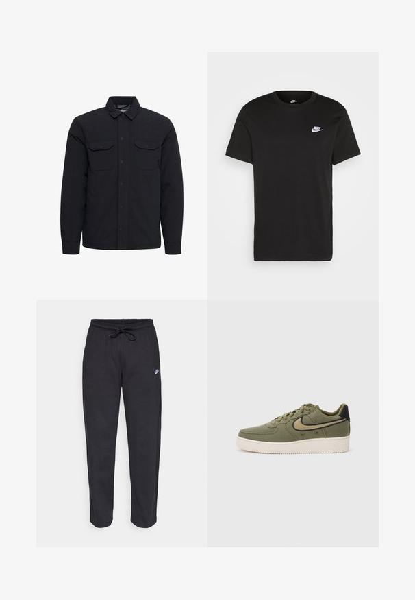 Schwarze steppjacke mit einem Knopfverschluss, zwei Brusttaschen und einem umgeschlagenen Kragen. Hergestellt aus einem glatten, strapazierfähigen Stoff.; Schwarzes Baumwoll-T-Shirt mit kurzen Ärmeln, Rundhals und kleinem weißem Nike-Logo auf der oberen linken Brust. Glatte Textur. Klassische Passform.; Schwarze Sweatpants aus weichem Stoff mit elastischem Bund, Kordelzug und kleinem Nike-Logo auf dem linken Oberschenkel.; Olivgrüne Leinen-Sneaker mit schwarzen Akzenten, ausgestattet mit Schnürdesign, gepolstertem Kragen und strukturiertem Außensohle mit "AIR"-Branding.