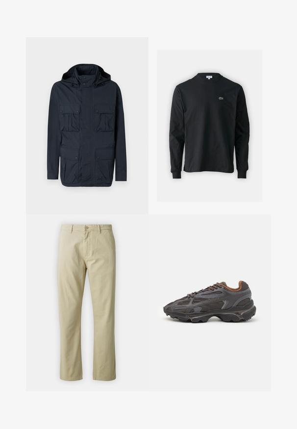 Σκούρο μπλε αδιάβροχο μπουφάν με κουκούλα, που διαθέτει τέσσερις μπροστινές τσέπες, κουμπιά με κλίκ και ελαφριά, ομαλή υφή.; Μαύρο μπλουζάκι με μακριά μανίκια από βαμβάκι, με στρογγυλή λαιμόκοψη και μικρό πράσινο κεντητό λογότυπο κροκοδείλου στην αριστερή πλευρά του στήθους.; Μπεζ βαμβακερά παντελόνια με ίσια σχεδίαση, εμπρός κλείσιμο με κουμπί και θηλιές ζώνης. Λείος υφή, χωρίς ορατά μοτίβα ή λεπτομέρειες.; Αθλητικά παπούτσια Lacoste σε σκούρο γκρι χρώμα, κατασκευασμένα από διχτυωτό και συνθετικό υλικό, με ελαστική σόλα και καφέ λεπτομέρειες στον γιακά και στο branding.