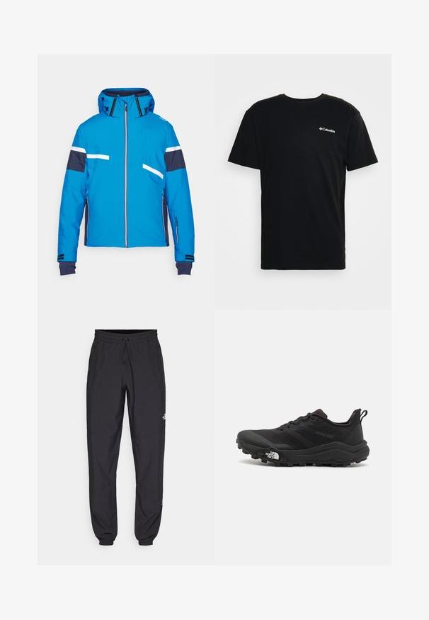 Blaue Skijacke mit durchgehendem Reißverschluss, kontrastierenden marineblauen Ärmeln, weißen reflektierenden Streifen und abnehmbarem Kapuzen. Zwei seitliche Taschen sind enthalten.; Schwarzes Baumwoll-T-Shirt mit kurzen Ärmeln und Rundhalsausschnitt. Mit kleinem weißen Columbia-Logo auf der linken Brust. Weicher Stoff.; Schwarze Sporthosen aus leichtem Stoff, mit einem Kordelzugbund, seitlichen Taschen und schmal zulaufenden Bündchen an den Knöcheln.; Schwarzer Trailrunning-Schuh mit strukturiertem Obermaterial, Gummisohle und verstärkter Zehenkappe. Verfügt über einen gepolsterten Kragen und eine Ziehlasche für einfaches Anziehen.