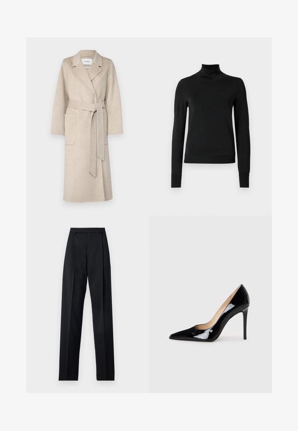 IVY OAK CELIA - Classic coat - light sand; Black long-sleeve turtleneck sweater with ribbed cuffs and hem, displayed on a plain white background.; Black trousers made from smooth fabric featuring a high waist, wide legs, front pleats, and classic belt loops. No side pockets visible.; Black patent leather high-heeled pump with a pointed toe design and a sleek silhouette. Features a smooth, shiny finish and a slender stiletto heel.