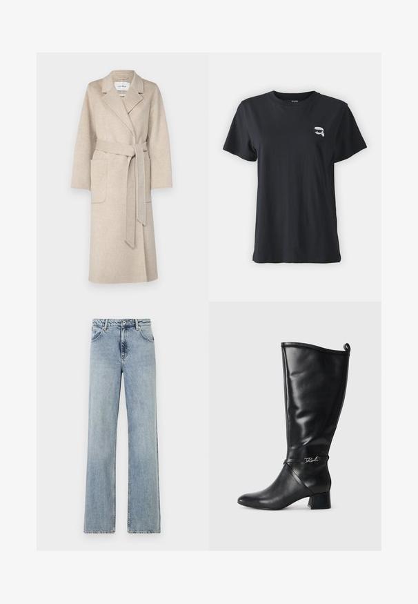 IVY OAK CELIA - Klasikinis paltas - light sand; Juodas medvilnės marškinėliai trumpomis rankovėmis ir apvaliu iškirpimu. Ant krūtinės pavaizduota maža balta grafika. Lygus audinys, kasdienis siluetas.; Šviesiai mėlynos, plačios kojos džinsai, pagaminti iš džinsinio audinio. Turi mygtuką ir užtrauktuką, priekinės kišenės ir subtilų nudilimą. Švarūs kraštai.; Juodas odinis iki kelių botas su smailiu pirštu, storu kulnu ir dekoratyvine juostele, kurioje yra sidabrinis logotipas šalia kulkšnies. Lygi tekstūra.