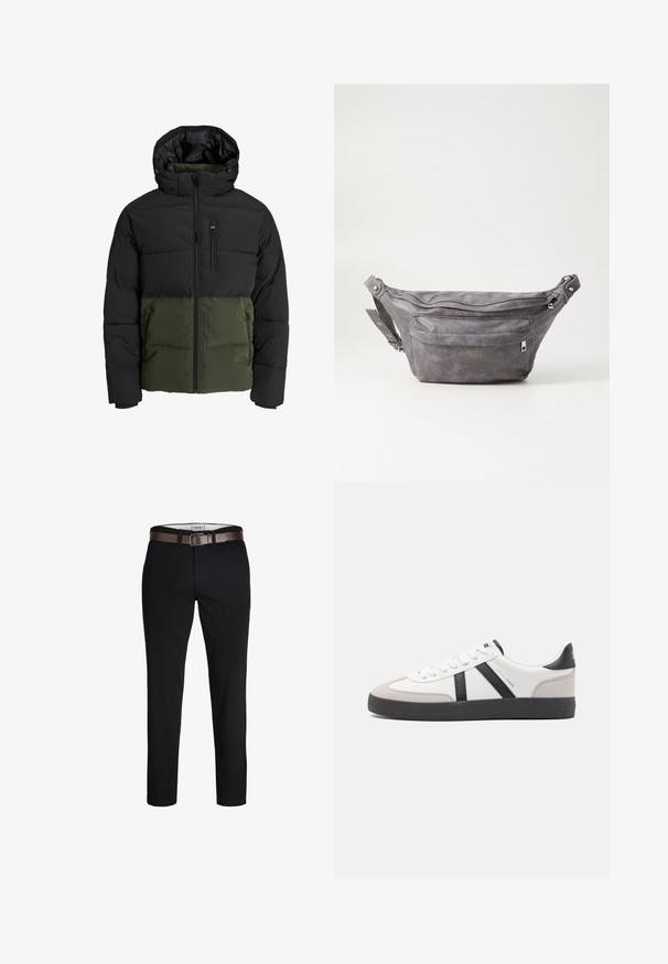 Puffervest med en sort overdel og olivengrøn bund. Har hætte, frontlynlås og to sidelommer. Teksturstof.; Beige langærmet strikket sweater med rund hals og lille brun broderet logo på venstre bryst, præsenteret på en ensfarvet baggrund.; Sorte bomuldsbukser med lige pasform, der har et brunt læderbælte og en glat tekstur. Simpel design uden synlige mønstre eller accenter.; Hvide sneakers med sorte og grå detaljer, med en tekstureret grå tåhætte, sort gummisål og flade hvide snørebånd. Rent design, minimalistisk stil.; Grå suedefanny pack med en rund form, to lynlåslommer og justerbart strop. Har metalhardware detaljer.