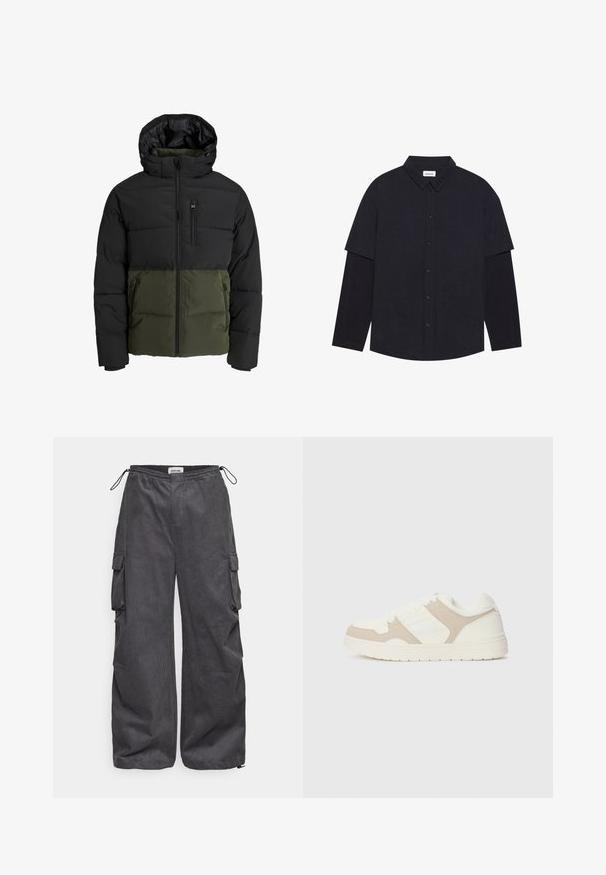 Pufová bunda s čiernou hornou časťou a olivovo zelenou dolnou. Obsahuje kapucňu, predný zips a dve bočné vrecká. KTextúrovaná tkanina.; Tmavomodrá košeľa na gombíky s rozšíreným golierom, krátkymi rukávmi s predĺženou podšívkou a piatimi gombíkmi vpredu. Mäkká tkanina s jemnou štruktúrou.; Sivé cargo nohavice s textúrovanou tkaninou, elastickým pásom, šnúrkou a detailmi postranných vreciek. Voľný strih s širokými nohavicami.; Biele a béžové tenisky s kombináciou hladkej a semišovej textúry, okrúhlym špičkou, šnurovaním a plochou gumovou podrážkou.