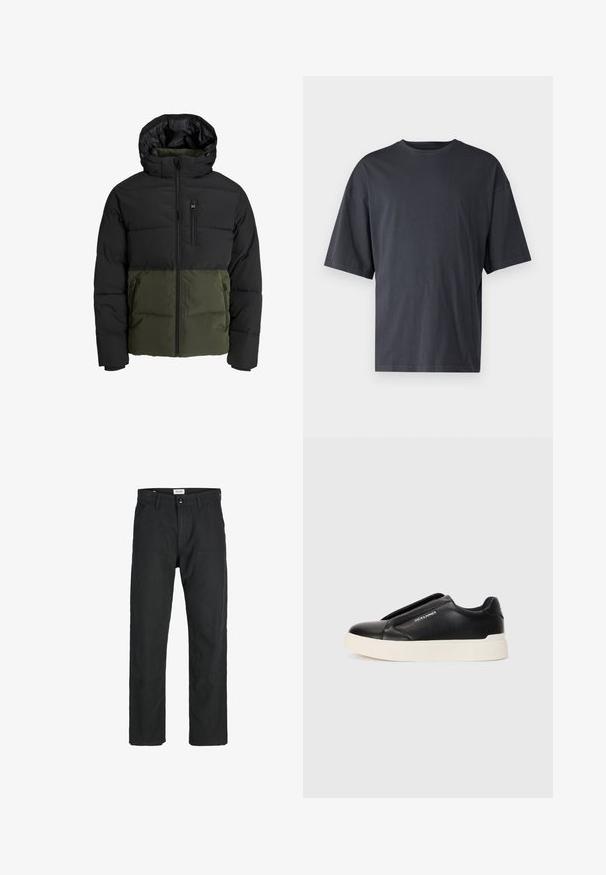 Puffjacka med en svart övre del och en olivgrön nederdel. Har en huva, framdragkedja och två sidofickor. Texturerat tyg.; Mörkgrå t-shirt med kort ärm i lättviktsbomull, med en lös passform och klassisk rundhalsringning, med slät textur och utan mönster.; Svarta byxor i slitstarkt tyg, med rak bendesign, stickade detaljer och två framfickor för funktionalitet.; Svart slip-on sneakers med texturerat läderöverkänsliga, vit gummisula och utan synliga snören. Har varumärkeslogotyp på sidan.