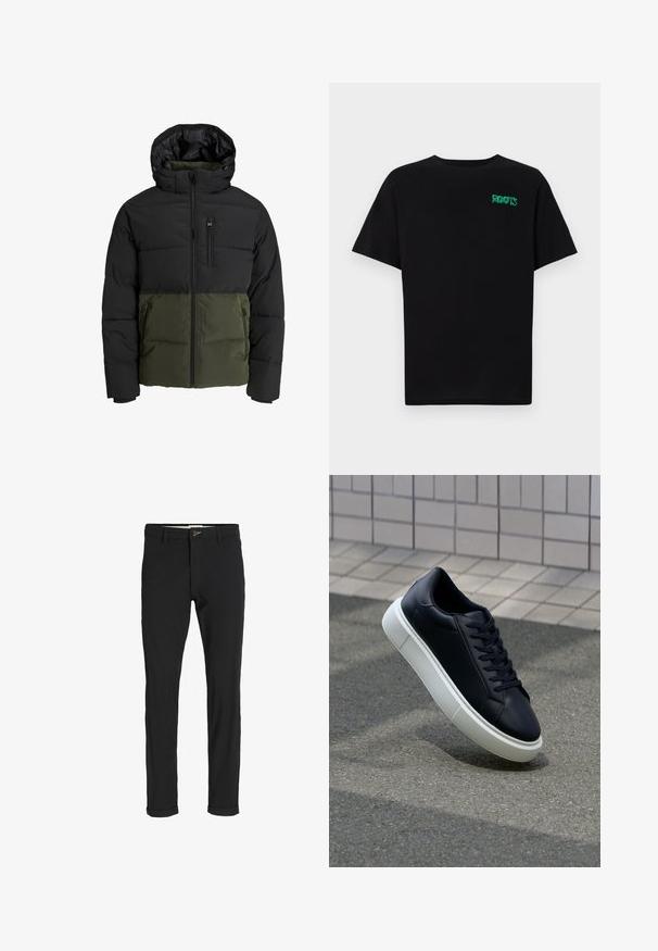 Daunenjacke mit einem schwarzen oberen Abschnitt und einem olivgrünen unteren Abschnitt. Verfügt über eine Kapuze, einen frontalen Reißverschluss und zwei Seitentaschen. Strukturiertes Gewebe.; Schwarzes T-Shirt aus Baumwolle mit kurzen Ärmeln. Auf der Vorderseite befindet sich ein grünes "ROOTS"-Logo, es hat einen runden Halsauschnitt und eine normale Passform.; Schwarze Baumwollmischungshose mit schmalem Schnitt, gekennzeichnet durch einen Knopfverschluss, Taschen und umgeschlagenen Säumen für einen lässigen Abschluss.; Schwarze Leder-Sneaker mit runder Zehenpartie und weißer Gummisohle. Verfügt über flache Schnürsenkel und minimale Nähte im Obermaterial. Strukturiertes Sohlenprofil für besseren Halt.