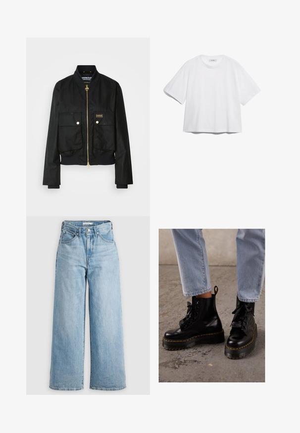 Jaqueta bomber preta com dois bolsos frontais e um fecho dourado. Apresenta um colarinho e punhos canelados, feita de um material liso e leve.; T-shirt de algodão branca com mangas curtas, gola redonda, corte descontraído e sem padrões ou gráficos visíveis. Textura suave e design simples.; Jeans de perna larga em azul claro com uma cintura alta, feitos de tecido denim. Apresentam um design clássico de cinco bolsos e ferragens de metal.; Botas de tornozelo em couro preto com sola robusta, bico redondo, atacadores de fita, costura amarela e uma alça na parte de trás.