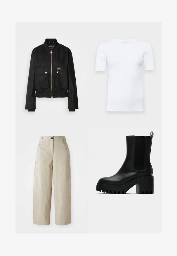 Black bomber jacket with two front pockets and a gold zipper. Features a ribbed collar and cuffs, made from a smooth, lightweight material.; White short-sleeve t-shirt made of cotton. Features a round neckline and a smooth texture, with minimal stitching visible at the hem.; Beige high-waist wide-leg trousers with button and zip closure, belt loops, and side pockets, displayed on a white background.; Black leather ankle boot with round toe, chunky platform sole, and mesh side accents. Features a pull tab for easy wear.