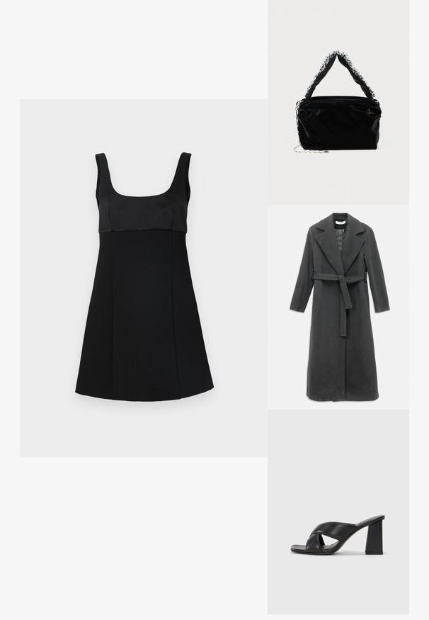 Pitkää hiilenharmaata takkia, joka on valmistettu pehmeästä kankaasta ja jossa on kärjellinen kaulus, vyötärölle solmittava vyö ja etunapit. Sujuva tekstuuri, pitkät hihat.; Mustapuku, jossa on neliönmuotoinen kaula-aukko, varustettu istuvalla yläosalla ja A-linjaisella siluetilla. Valmistettu sileästä kankaasta, jossa on tyylikäs, minimalistinen muotoilu.; MAX&Co. SOHO - Korolliset sandaalit - schwarz; Mustat keinonahkaiset käsilaukut, joissa on teksturoitu pinta, varustettuna helmistä tehdyn hopeisen koristeen kanssa yläkahvassa ja ketjuhihnalla.