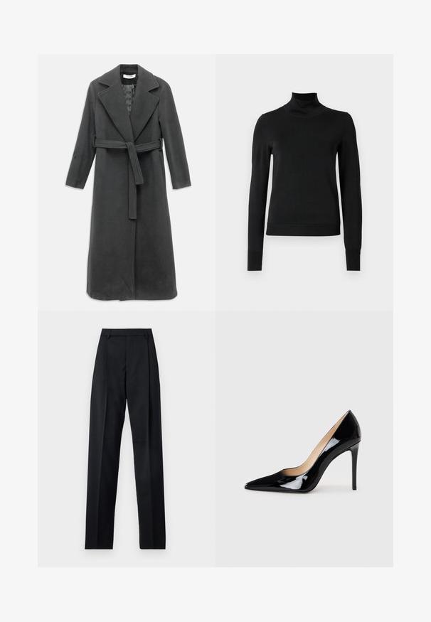 Tamsiai pilkas vilnonis paltas su įpjauta apykakle, ilgomis rankovėmis ir diržu juosmens srityje. Turi tiesų kirpimą ir lygų paviršių.; Juoda ilgomis rankovėmis turtleneko tipo megztinis su rebruotomis rankovėmis ir apačia, eksponuojamas ant paprasto balto fono.; Juodos kelnės iš lygaus audinio, pasižyminčios aukštu liemeniu, plačiomis kojomis, priekinėmis klostėmis ir klasikiais diržo kilpomis. Šoninių kišenių nematyti.; Juodas lakinės odos aukštakulnis batelis su smailiu priekiu ir elegantiška siluetu. Pasižymi lygiu, blizgiu paviršiumi ir siauru stiletto kulnu.