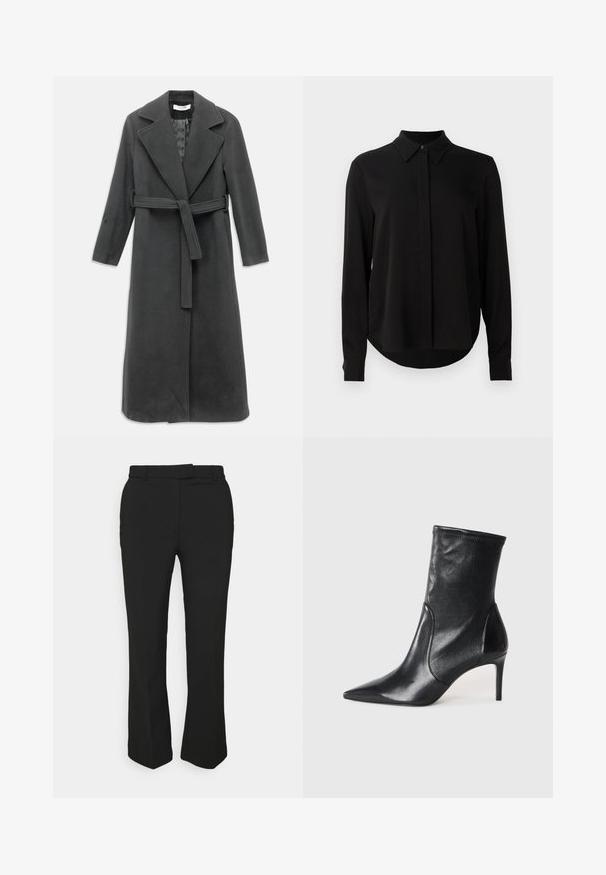 Oglato sivo dolg plašč iz mehkega materiala, z ovratnikom v obliki običajnega ovratnika, pasom z zaponko in sprednjim gumbom. Gladka tekstura, dolgi rokavi.; Črna bluzica z dolgimi rokavi, z ostrim ovratnikom, skrito gumbasto zapenjanje in ukrivljenim robom, v nasprotju z enobarvno belo podlago.; Črne krojene hlače s ravnim krojem, z nožicami za pas in stranskimi žepi. Narejene iz gladkega materiala z čistim zaključkom.; Črne gležnjarje iz gladke usnje, s koničastim nosom, oprijetim okovjem in ozkim visokim peto. Minimalističen dizajn brez vidnih kovinskih delov.