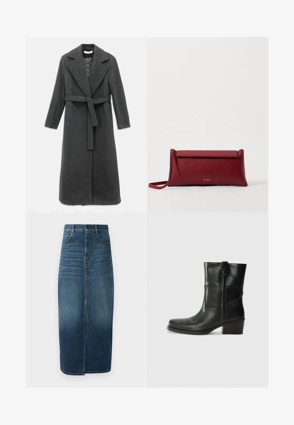 Tummanharmaa villakangastakki, jossa on lovettu kaulus, pitkät hihat ja vyötärö vyöllä. Siinä on suora leikkaus ja sileä pinta.; Valkoinen lyhythihainen paita, jossa on sinisiä kukkakirjontoja, pyöreä pääntie ja monimutkaiset kuviot edessä ja hihoissa.; Denim midi-hame tummansinisessä värissä, jossa on etuaukko ja kevyt kulutusjälki. Klassinen viiden taskun muotoilu metallinappisulkimella.; Musta nahkasaapas nilkkamittaisella varrella, pyöreällä kärjellä, lohkarekorolla, sivuvetoketjulla ja ompeluaksentilla varren yläosassa. Suora pinta, klassinen muotoilu.; Punainen nahkainen clutch-muoti, jossa on teksturoitu pinta, litteä taittopäällinen ja lyhyt hihna. Hienovarainen brändilogo edessä.