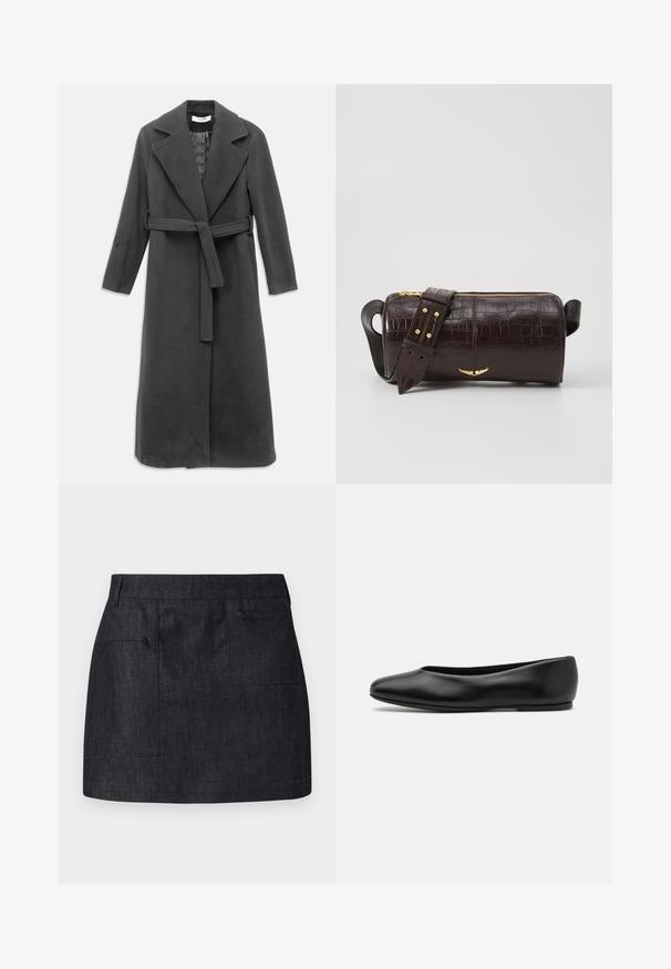 Dlouhý kabát v barvě antracitové šedé vyrobený z jemné tkaniny, s klopovým límcem, pásem v pase a předním zapínáním na knoflíky. Hladký povrch, dlouhé rukávy.; Bílá dlouhá tričková košile s kulatým výstřihem a malým štítkem "Tiger of Sweden" na výstřihu na jednobarevném pozadí.; Tmavě modrá džínová sukně se rovný střihem, se dvěma předními kapsami a jemnou texturou. Čistý lem a standardní design pasu.; Paul Smith TOPANGA - Klasické baleríny - black; Hnědá kabelka z krokodýlí kůže s embosováním, cylindrického tvaru, se zlacenými kovovými prvky a odnímatelným popruhem se hroty.
