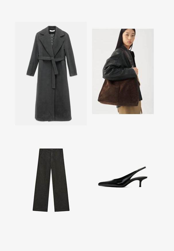 Kullfarvet lang frakke lavet af blødt stof, med spids krave, bælte i taljen og foran knappelukning. Glat tekstur, lange ærmer.; Sort kortærmet top med rund halsudskæring og kontrastfarvet hvid syning langs skuldre og sider. Blødt, glat stof.; Videbenede sorte denim bukser med en mid-rise talje, to forlommer og et rent, minimalistisk design uden synlige dekorationer.; Sorte spidse slingback sko med en blank læderfinish og en tynd, lav hæl. Har et udskæringsdesign på siden for åndbarhed.; Brun ruskind tote taske med en bred form og blød tekstur, der har en enkelt strop og minimal hardware mod en neutral baggrund.