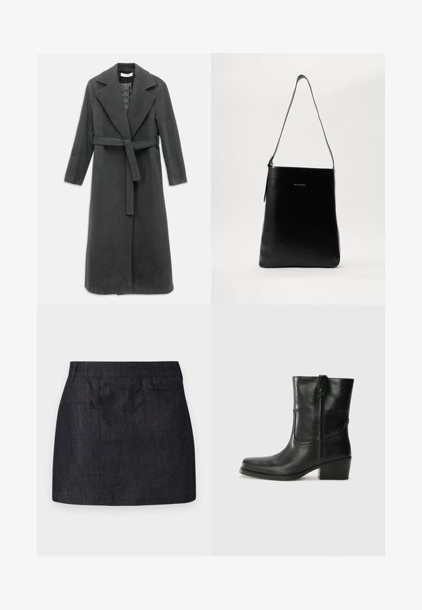 Tumši pelēks vilnas mētelis ar iegriezuma apkakli, garām piedurknēm un jostu viduklī. Raksturīga taisna griezuma un gluda tekstūra.; Ilgi piedurkņu, gaiši bēšas krāsas blūze ar apaļu dekoltē. Izgatavota no mīksta auduma, ar centrālo šuvi un nedaudz izliekta apakšmala. Nav redzamu papildus elementu.; Tumša džinsa svārki ar taisnu griezumu, piedāvājot divas priekšējās kabatas un smalku tekstūru. Tīrs apakšmalas dizains un standarta josta.; Melna ādas potīte ar noapaļotu purngalu, bloku papēdi, sānu rāvējslēdzēju un šuvju akcentiem uz virsmas. Gluda tekstūra, klasiskā dizaina.; Melnas ādas pleca soma ar gludu tekstūru, taisnstūra formu un garu siksnu; centrā ir neliels balts logotips.