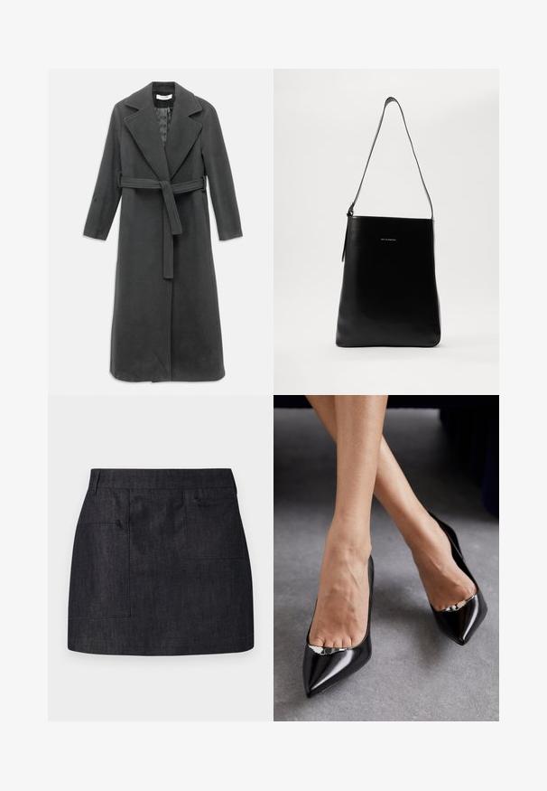 Palton lung de culoare gri cărbune, confecționat dintr-o țesătură moale, având guler cu vârfuri, talie cu curea și închidere cu nasturi în față. Textură netedă, mâneci lungi.; Top tank griș cu dungi, cu decolteu rotund și bretele late. Are o textură moale și un design care se formează pe corp. Eticheta mărcii este vizibilă.; Fustă din denim închis, cu croială dreaptă, având două buzunare frontale și o textură subtilă. Linia de jos curată și un design standard al taliei.; Pantofi negri din piele cu toc înalt, cu vârf ascuțit și design deschis, având un accent decorativ din argint. Textură netedă cu finisaj lucios.; Geantă de umăr din piele neagră, cu o textură netedă, formă rectangulară și o curea lungă; prezintă un mic logo alb în centrul ei.