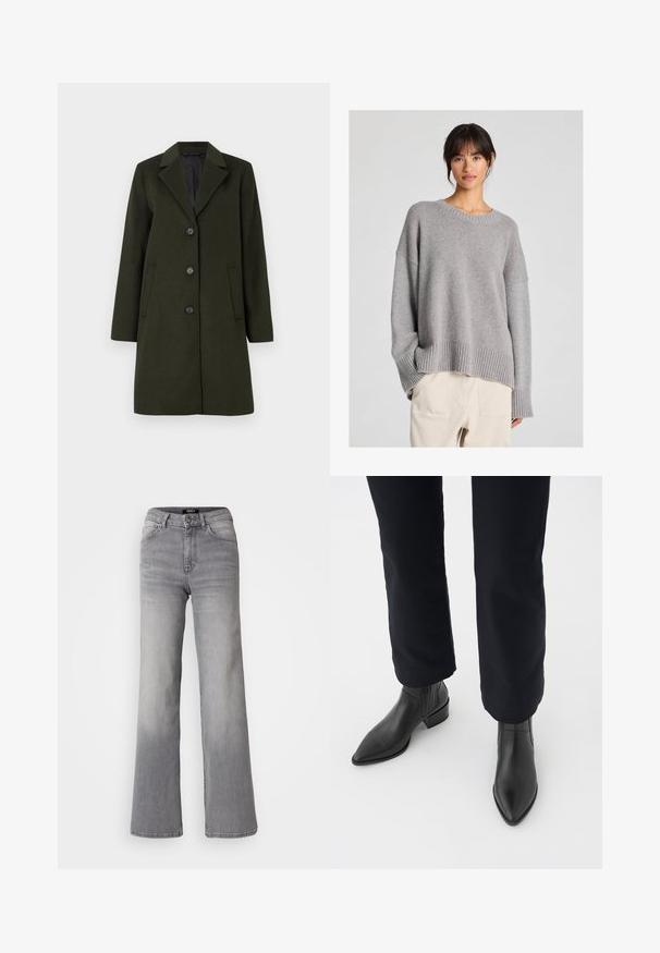 Tmavě zelený kabát z vlněné směsi s vykrojeným límcem, jednoduchým zapínáním, čtyřmi knoflíky a dvěma bočními kapsami. Hladká textura.; Šedý pletený svetr s uvolněným střihem, kulatým výstřihem, proužkovanými manžetami a lemem. Měkká textura se jemným pleteným vzorem. V kombinaci se světlými kalhotami.; Džíny z šedého denimu s vysokým pasem a rovnými nohavicemi, předním zapínáním na knoflík a zip, předními a zadními kapsami, a vybledlým stínováním na stehnech a lýtkách.; Černé kožené kotníkové boty s špičatou špičkou, blokovým podpatkem a texturovanými bočními panely, nošené s tmavými kalhotami na bílém pozadí.