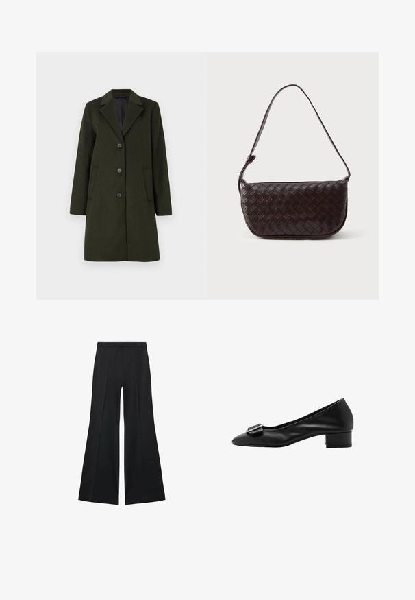 Temnozeleni plašč iz volnene mešanice z izrezanim ovratnikom, enojno zapenjanje, štirimi gumbi in dvema stranskima žepoma. Gladka tekstura.; Črna pletena jopica z rebrastim ovratnikom, dolgimi rokavi in ravnim robom. Mehka tekstura, minimalistična zasnova in vsestranski slog.; Črne široke hlače z gladko teksturo, ki imajo sprednje nabore in kroj po meri. Tkanina je lahka in zračna.; Črne usnjene škornje s koničastim nosom, majhnim kvadratnim peto in dekorativno zaponko na zgornjem delu. Gladka tekstura in preprost dizajn.; Tkanina usnjena torba čez ramo v temno rjavi barvi, s ukrivljeno obliko, nastavljivim trakom in gladkim финишом. Kompaktna zasnova brez vidne kovinske opreme.