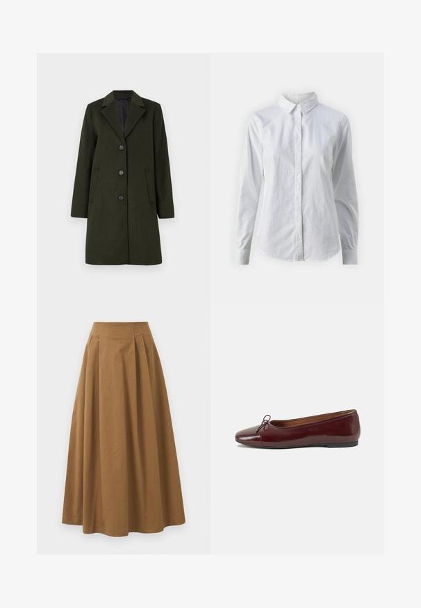 Dark green wool-blend coat with notched collar, single-breasted design, four buttons, and two side pockets. Smooth texture.; White button-up shirt made of smooth cotton, featuring a classic collar, long sleeves, and a curved hem. Buttons are small and white.; Brown cotton A-line skirt with a high waist, featuring pleats down the front and a smooth texture. Hem finishes are clean and simple.; Burgundy patent leather ballet flat with a rounded toe, small bow accent at the front, and a low, black rubber sole. Smooth texture.