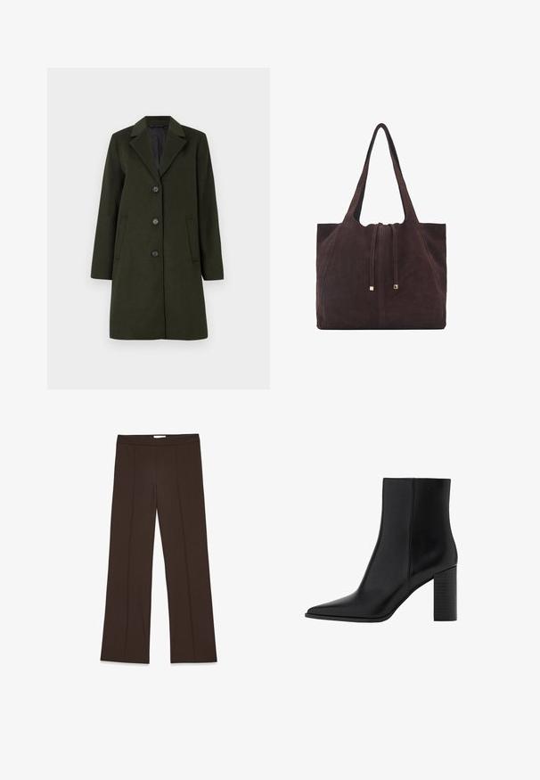 Donker groene wolmixjas met gesneden kraag, eenknops ontwerp, vier knopen en twee zijzakken. Gladde textuur.; Bruine T-shirt met korte mouwen, gemaakt van zachte katoen. Heeft een ronde halslijn en een recht model, met een gladde textuur en geen zichtbare patronen.; Bruine, wijde broek van gladde stof; heeft voorplooien en een standaard tailleband. Minimalistisch ontwerp zonder zichtbare sluitingen.; Zwarte leren enkellaars met een spitse neus, vierkante hak, een gladde textuur en stikdetails langs de naden. De hakken zijn ongeveer 8,9 cm hoog.; Mango Shopper - dark brown