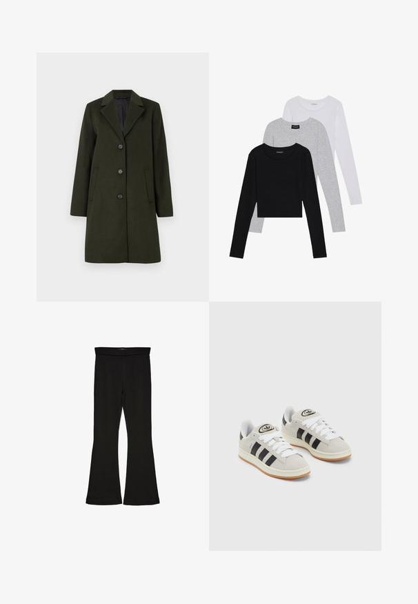 Cappotto in misto lana verde scuro con colletto a rever, design a un petto, quattro bottoni e due tasche laterali. Texture liscia.; Tre magliette a maniche lunghe impilate: nera, grigia e bianca. Ognuna ha un colletto rotondo e un design accorciato con tessuto morbido e leggero.; Leggings a zampa nera realizzati in un tessuto elasticizzato. Presentano una vita alta e una superficie liscia, con una silhouette aderente che si ampia all'orlo.; Sneakers in suede grigio con lacci bianchi, strisce nere e suola in gomma bianca. Presentano un logo circolare sulla linguetta e una suola in gomma.