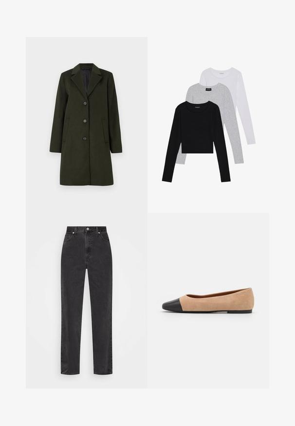 Palton dintr-un amestec de lână, de culoare verde închis, cu guler decupat, design cu un singur nasture, patru nasturi și două buzunare laterale. Textură fină.; Trei bluze cu mânecă lungă așezate: neagră, gri și albă. Fiecare are un guler rotund și un design scurt, realizat dintr-un material fin și ușor.; Jeans negri din denim, cu picioare drepte și talie înaltă, cu nasture și fermoar în față, și stil cu cinci buzunare, pe un fundal alb.; Baletă din suede bej cu vârf rotund din piele neagră, toc jos și textură netedă, având cusături minime și un design curat.