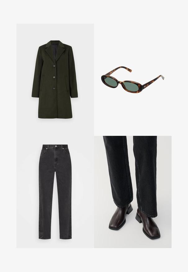 Mørkegrønt uldblandingsfrakke med notch-krave, enknapsdesign, fire knapper og to sidelommer. Glat struktur.; Sort ribbet tanktop med rund hals og hvidt broderet logo. Stoffet har en glat tekstur med en tætsiddende form.; Sorte denim jeans med lige ben, høj talje, foran knap og lynlås, samt fem-lomme stil på en hvid baggrund.; Brune læder ankelstøvler med firkantet tå og blokhæl, parret med sorte brede jeans. Glat tekstur og minimalistisk design.; Skildpaddemønstrede solbriller med ovale stel og grønne linser. Har tynde arme med en metallisk detalje nær hængslerne.