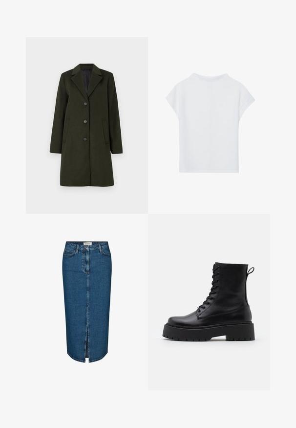 Cappotto in misto lana verde scuro con colletto a rever, design a un petto, quattro bottoni e due tasche laterali. Texture liscia.; Top corto bianco a maniche corte caratterizzato da una vestibilità morbida, texture leggera e scollo tondo. Visto da dietro mostra un design semplice e fluido.; Gonna a tubino in denim blu scuro, con uno spacco frontale, cinque tasche e cuciture a contrasto. Vita medio-alta con un design classico.; Stivaletti in pelle nera alla caviglia con punta rotonda, lace-up frontale e suola in gomma spessa con battistrada textured. Tassello sul retro.