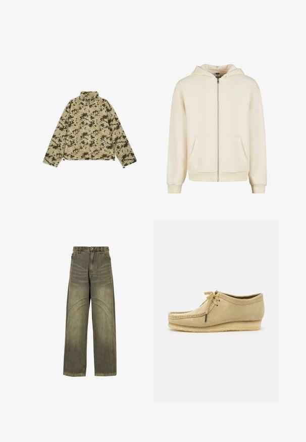 Zaļi un bēši kamuflāžas flīsa jaka ar augstu apkakli, rāvējslēdzēju un sānu kabatām. Iespējota teksturēta, mīksta virsma.; Kremkrāsas zip-up džemperis, izgatavots no mīkstas auduma, ar oderētu kapuci, priekšējām kabatām un ribota tipa aprocēm un apakšmalu, nodrošinot pieguļošu fit.; Balta kokvilnas T-kreklu ar īsām piedurknēm, apaļu kakla izgriezumu, brīvu piegriezumu un bez redzamām logo vai rakstiem. Gluda tekstūra un minimālistisks dizains.; Platas kājas džinsi olīvzaļā denima, ar izliektiem šuvju akcentiem, klasisku pogu aizdari un izbalējušu apdari.; Bēša zamšādas kurpe ar auklām, ar šuvju detaļām un gumijas zoli. Forma ir ikdienas, ar nedaudz paceltu papēdi.